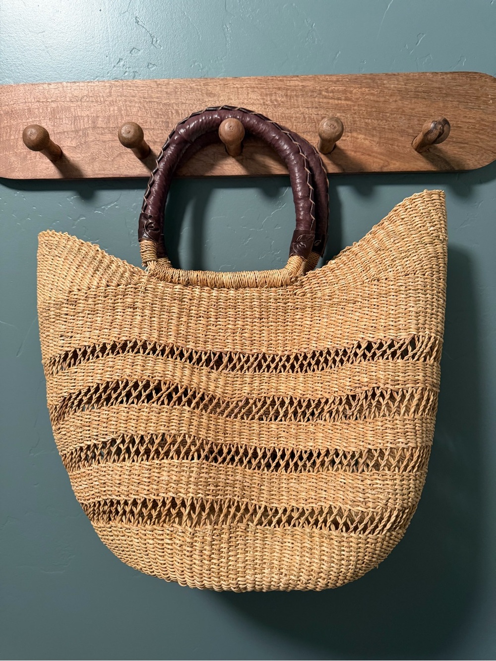 Woven Straw Tote Bag with Brown Leather Handles